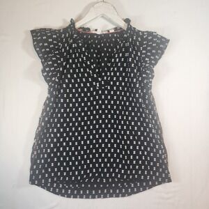 White Stuff Black White Square Print Ruffle Flutter Sleeve Blouse Top US 2
